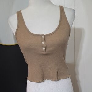 American Eagle Outfitters Ribbed Button-Front Crop Tank - Taupe